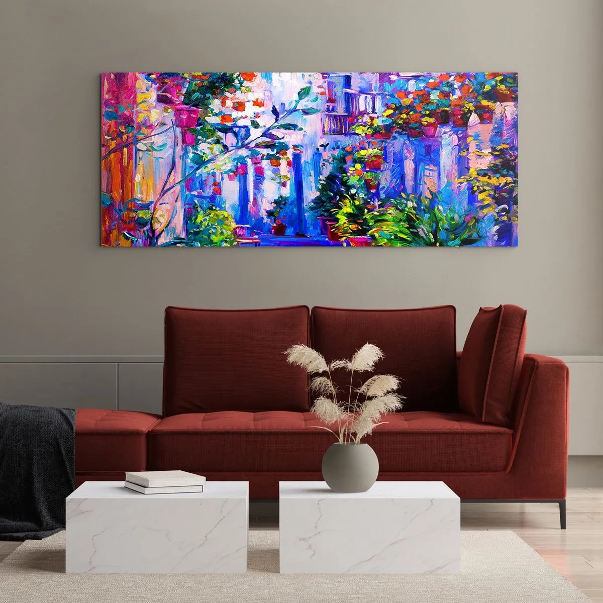 Glasbild - Bild auf glas - Eine bunte Straße voller Blumen - 140x50cm - Impresja - eine italienische Straße - Moderne Wanddekoration für Wohnzimmer und Schlafzimmer ARTTOR