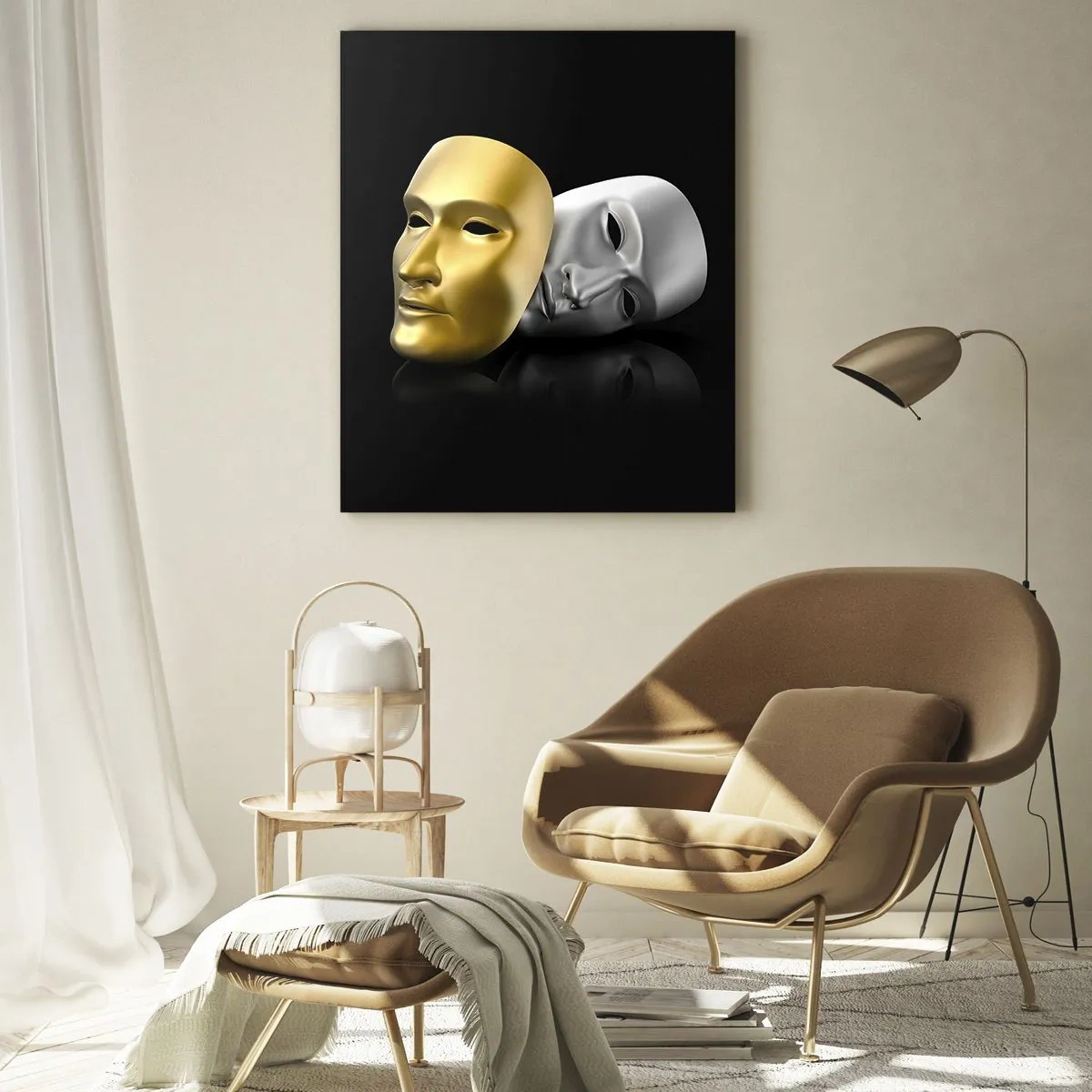 Glasbild - Bild auf glas - Gold- und Silbermaske auf schwarzem Hintergrund - 50x70cm - Das Leben ist wie ein Theater - Moderne Wanddekoration für Wohnzimmer und Schlafzimmer ARTTOR