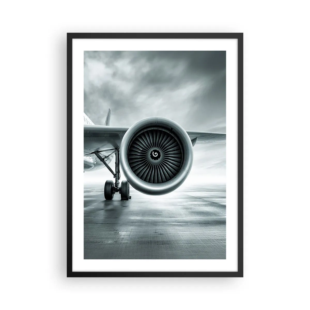 Poster in einem schwarzem Rahmen - Ein Flugzeug-Düsentriebwerk in monochromen Tönen - 50x70cm - Die Macht ist da! - Moderne Wanddekoration für Wohnzimmer und Schlafzimmer ARTTOR