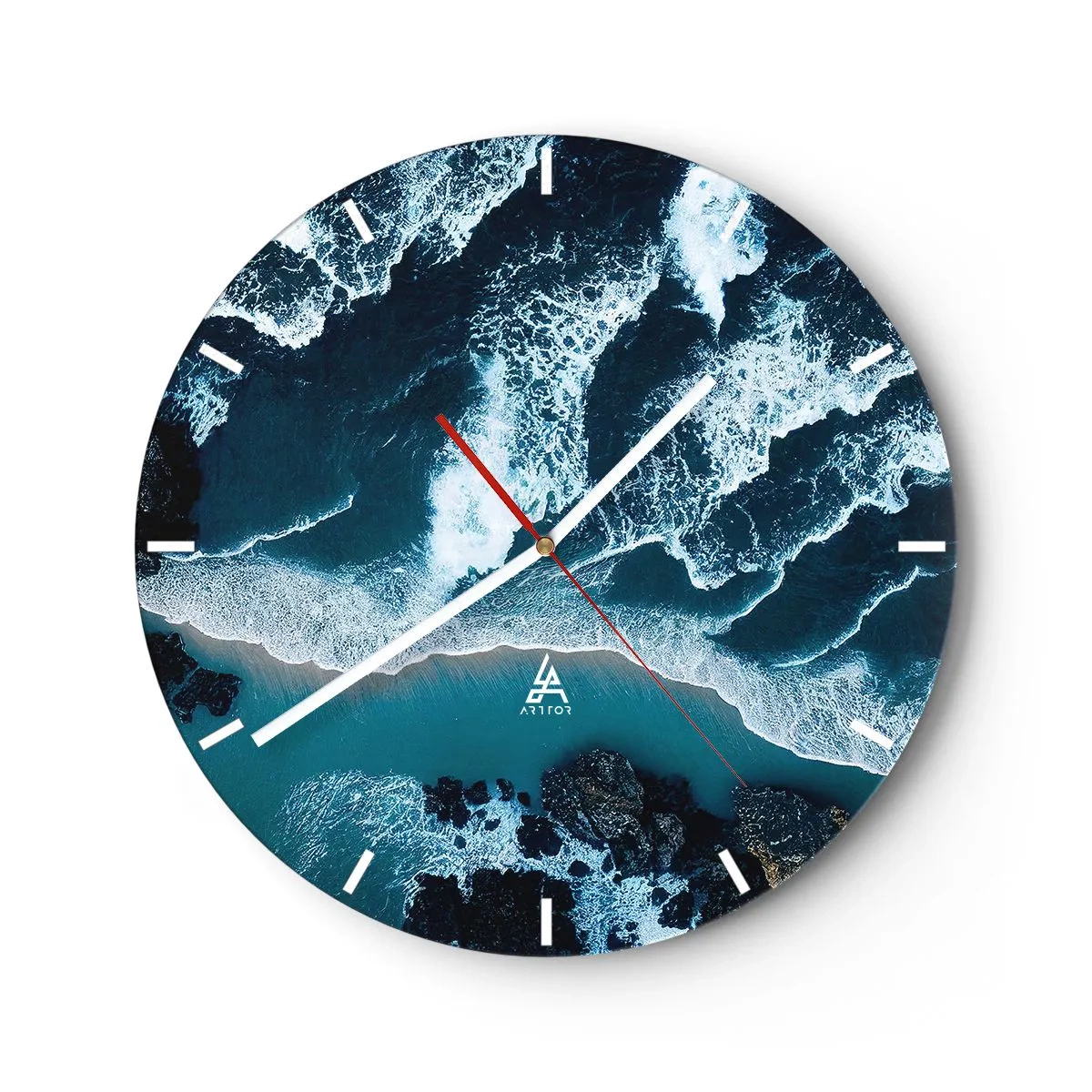 Wanduhr - Glasuhr - Wellen, die an die Küste krachen, aus der Vogelperspektive gesehen - 30x30cm - In Wellen gehüllt - Moderne Wanddekoration für Wohnzimmer, Küche und Schlafzimmer ARTTOR