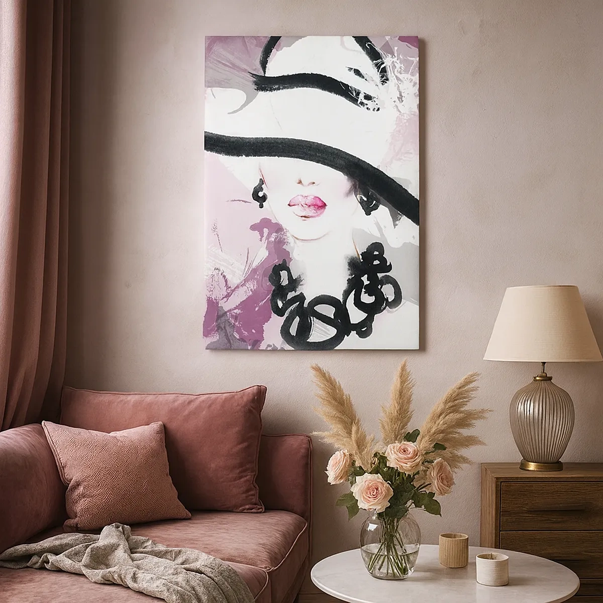 Bild auf Leinwand - Leinwandbild - Eine elegante Frau mit Hut vor einem Hintergrund aus rosa Abstraktionen. - 50x70cm - Bildnis einer Dame in Schwarz und Pink - Moderne Wanddekoration für Wohnzimmer und Schlafzimmer ARTTOR