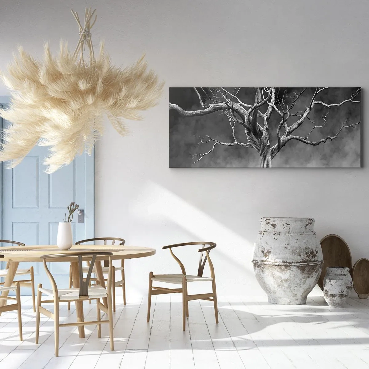 Bild auf Leinwand - Leinwandbild - Ein trockener Baum in Schwarz und Weiß gegen den Nebel - 160x50cm - Ursprünglich und heilig - Moderne Wanddekoration für Wohnzimmer und Schlafzimmer ARTTOR