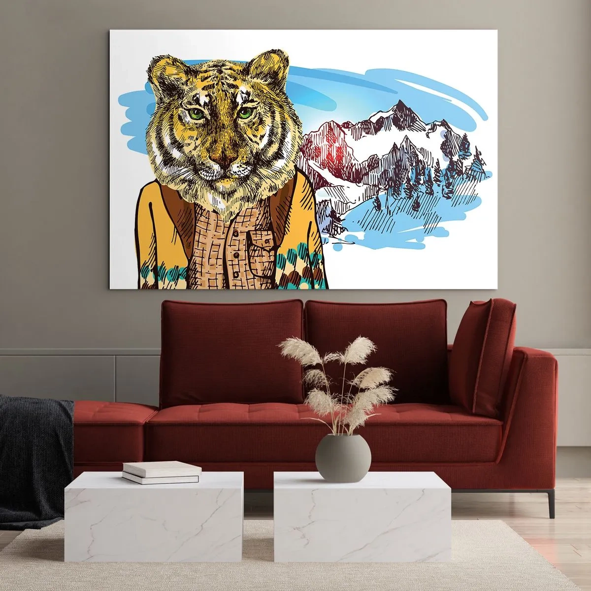 Glasbild - Bild auf glas - Ein Tiger in einer Weste vor einer Berglandschaft - 100x70cm - Nicht so wild, wie sie ihn zeichnen - Moderne Wanddekoration für Wohnzimmer und Schlafzimmer ARTTOR