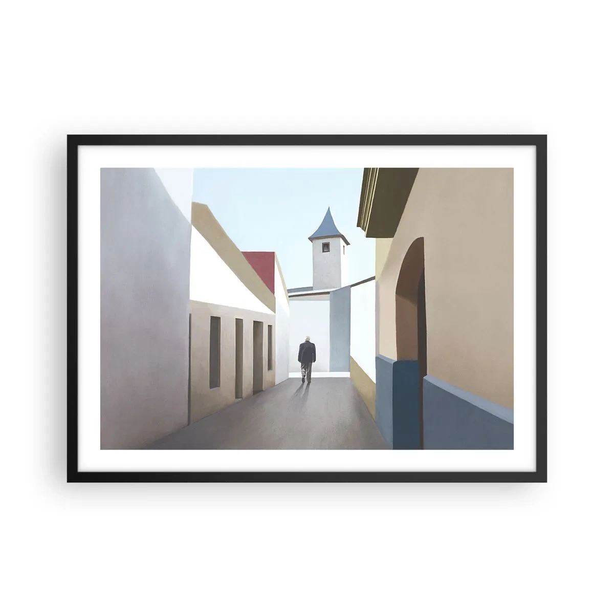 Poster in einem schwarzem Rahmen - Eine minimalistische Straße mit der Silhouette eines Mannes im Hintergrund - 70x50cm - Sonniger Spaziergang - Moderne Wanddekoration für Wohnzimmer und Schlafzimmer ARTTOR