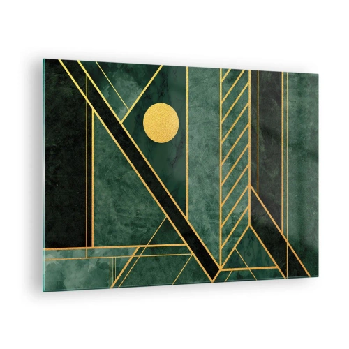 Glasbild - Bild auf glas - Grüne und goldene geometrische Abstraktion im Art-Deco-Stil - 70x50cm - Dynamik von Gold und Azurblau - Moderne Wanddekoration für Wohnzimmer und Schlafzimmer ARTTOR