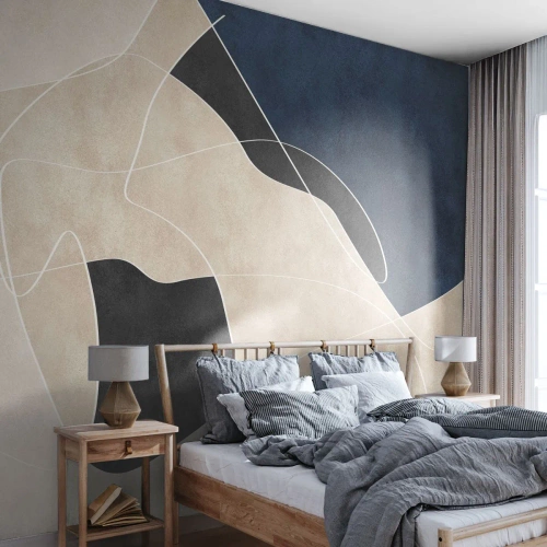 Fototapete Premium Sand - Beige und schwarze Abstraktion mit marineblauen und weißen Linien - 100x70cm - Abstrakte Komposition – Farbkontrast - Moderne Wanddekoration für Wohnzimmer und Schlafzimmer ARTTOR