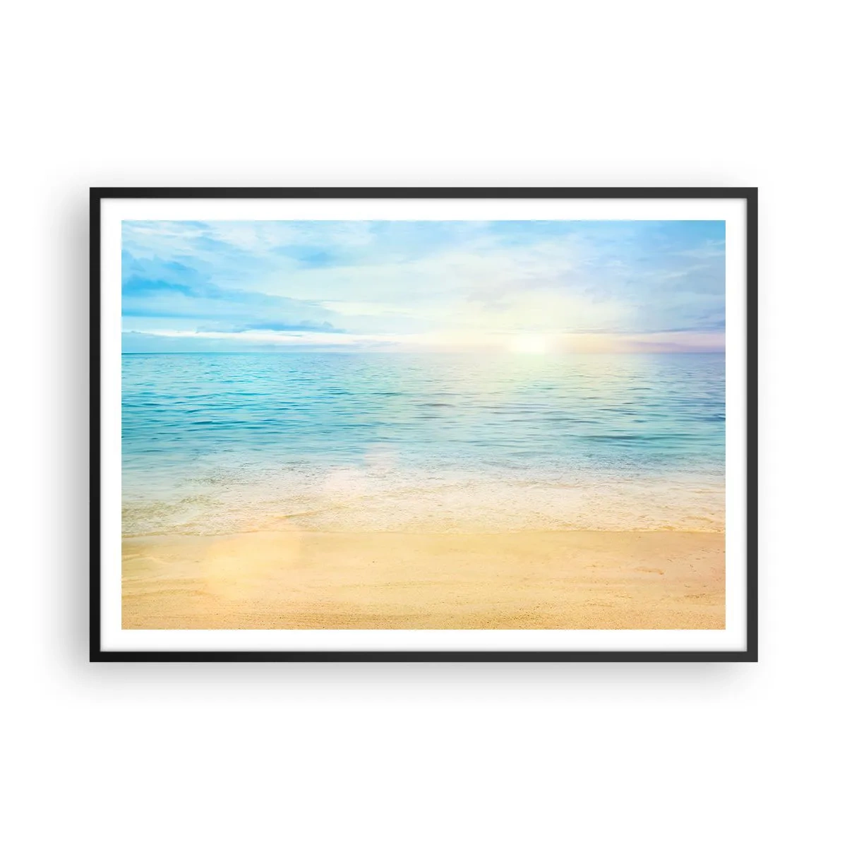 Poster in einem schwarzem Rahmen - Ein Strand mit türkisfarbenem Meer und klarem Himmel - 100x70cm - Großes Blau - Moderne Wanddekoration für Wohnzimmer und Schlafzimmer ARTTOR
