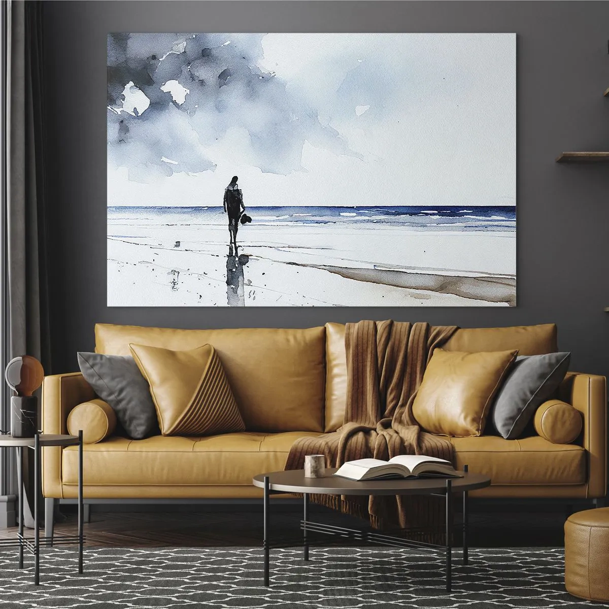 Glasbild - Bild auf glas - Silhouette einer Person an der Küste in zartem Aquarell - 70x50cm - Gespräch mit dem Meer - Moderne Wanddekoration für Wohnzimmer und Schlafzimmer ARTTOR