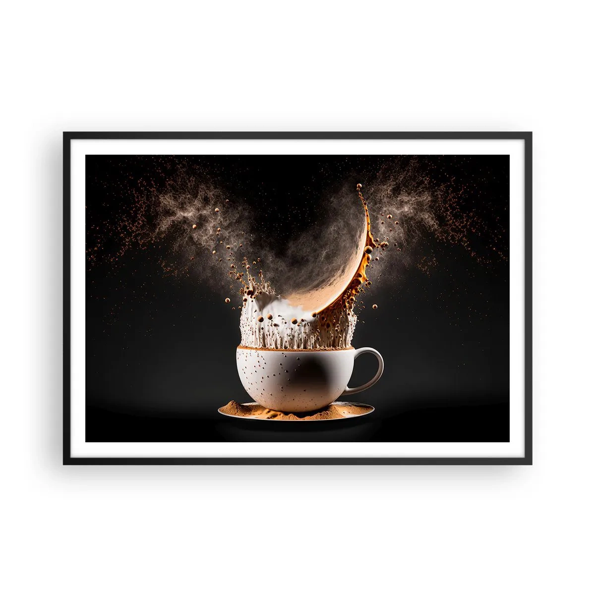Poster in einem schwarzem Rahmen - Eine Tasse Kaffee mit einer dynamischen Flüssigkeitsexplosion auf schwarzem Hintergrund. - 100x70cm - Geschmacksexplosion - Moderne Wanddekoration für Wohnzimmer und Schlafzimmer ARTTOR
