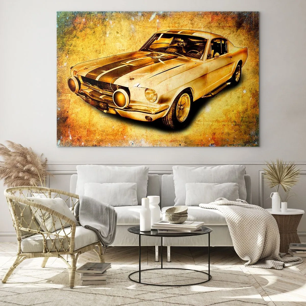 Glasbild - Bild auf glas - Klassischer Sportwagen mit Vintage-Hintergrund - 120x80cm - Die verrückten 70er Jahre - Moderne Wanddekoration für Wohnzimmer und Schlafzimmer ARTTOR