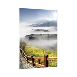 Glasbild - Bild auf glas - Berglandschaft mit Nebel und einem Holzweg bei Sonnenaufgang - 50x70cm - Gewebt aus Lichtschein und Nebel - Moderne Wanddekoration für Wohnzimmer und Schlafzimmer ARTTOR