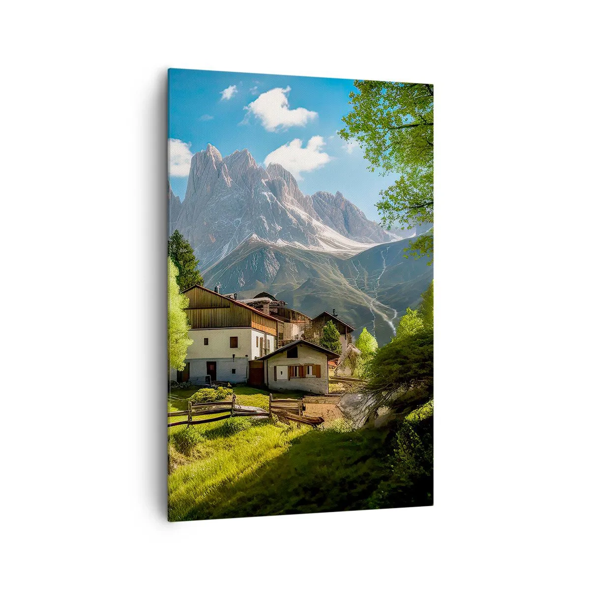 Bild auf Leinwand - Leinwandbild - Ein Bergdorf mit Häusern und Blick auf die Alpen - 80x120cm - Alpenidylle - Moderne Wanddekoration für Wohnzimmer und Schlafzimmer ARTTOR