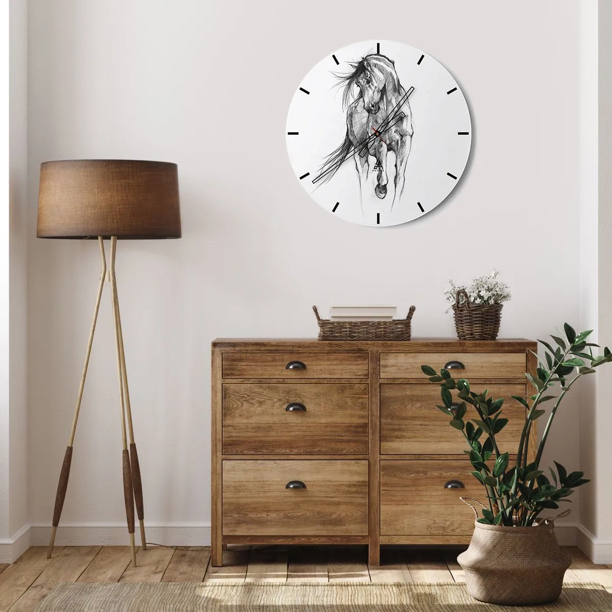 Wanduhr - Glasuhr - Eine Bleistiftskizze eines galoppierenden Pferdes auf weißem Hintergrund. - 30x30cm - Im anmutigen Trab - Moderne Wanddekoration für Wohnzimmer, Küche und Schlafzimmer ARTTOR