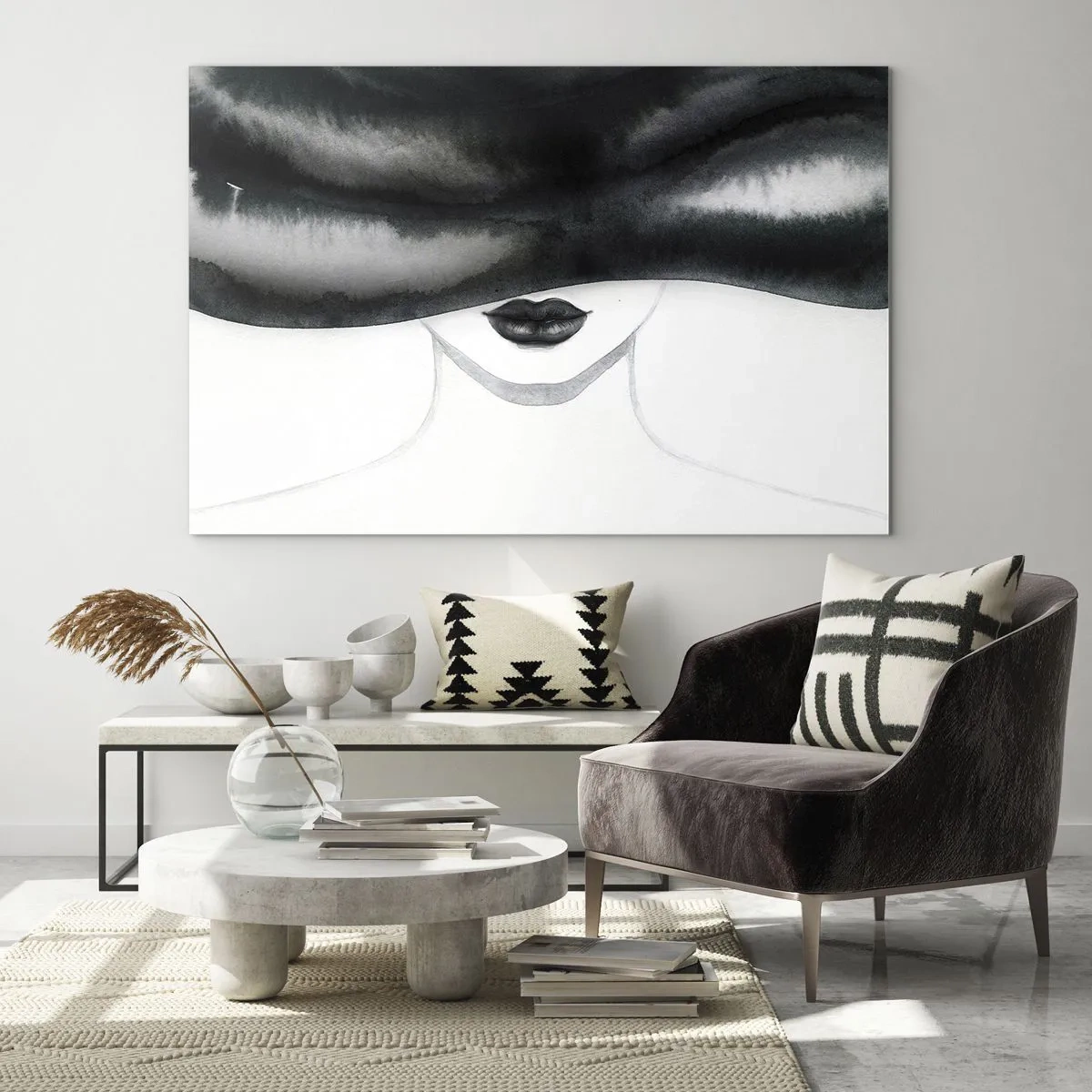 Glasbild - Bild auf glas - Geheimnisvolles Gesicht mit verdeckten Augen in Schwarz-Weiß-Aquarell - 70x50cm - Ein sinnliches Geheimnis - Moderne Wanddekoration für Wohnzimmer und Schlafzimmer ARTTOR