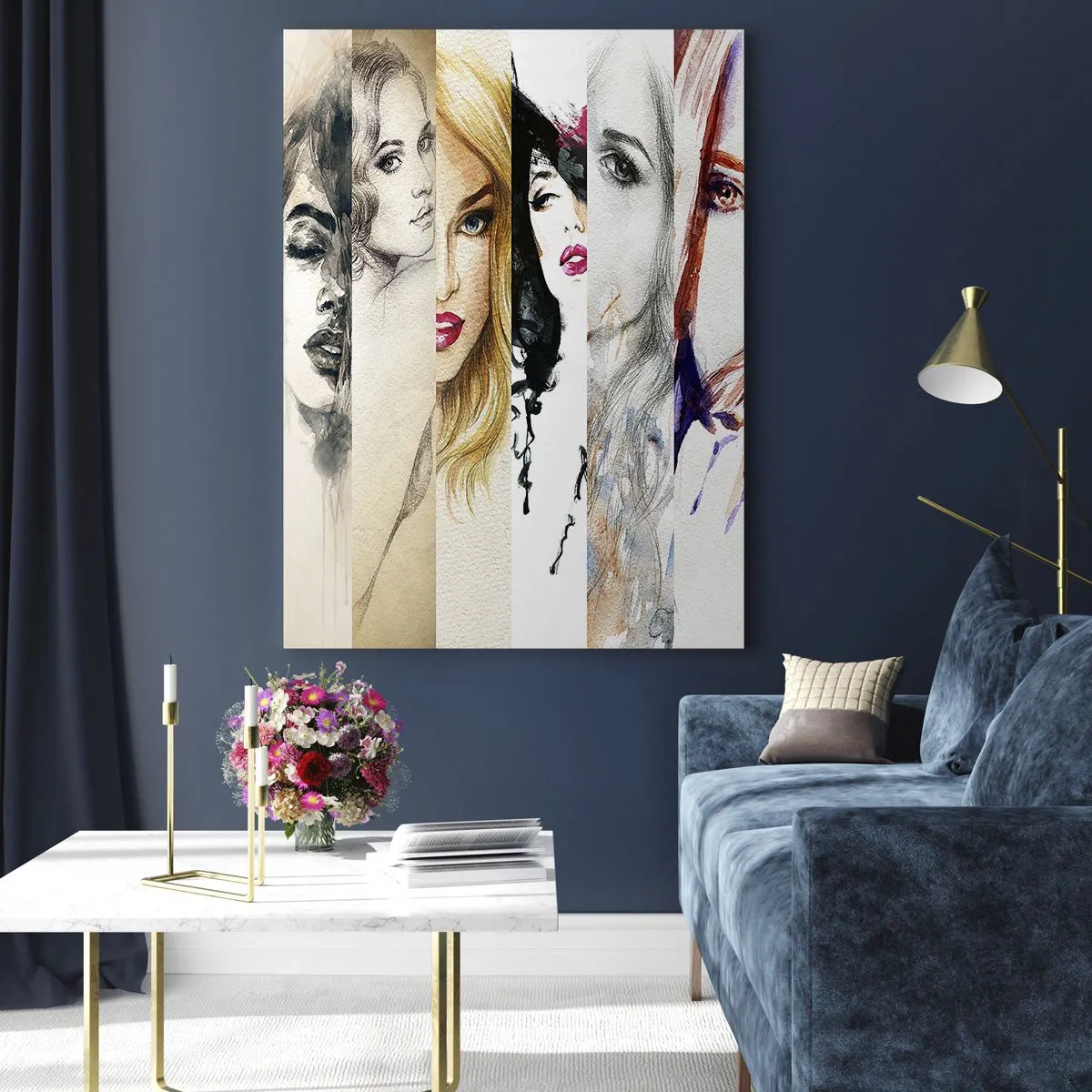 Glasbild - Bild auf glas - Eine Collage aus Frauenporträts in verschiedenen künstlerischen Stilen. - 50x70cm - Und es ist immer DU - Moderne Wanddekoration für Wohnzimmer und Schlafzimmer ARTTOR