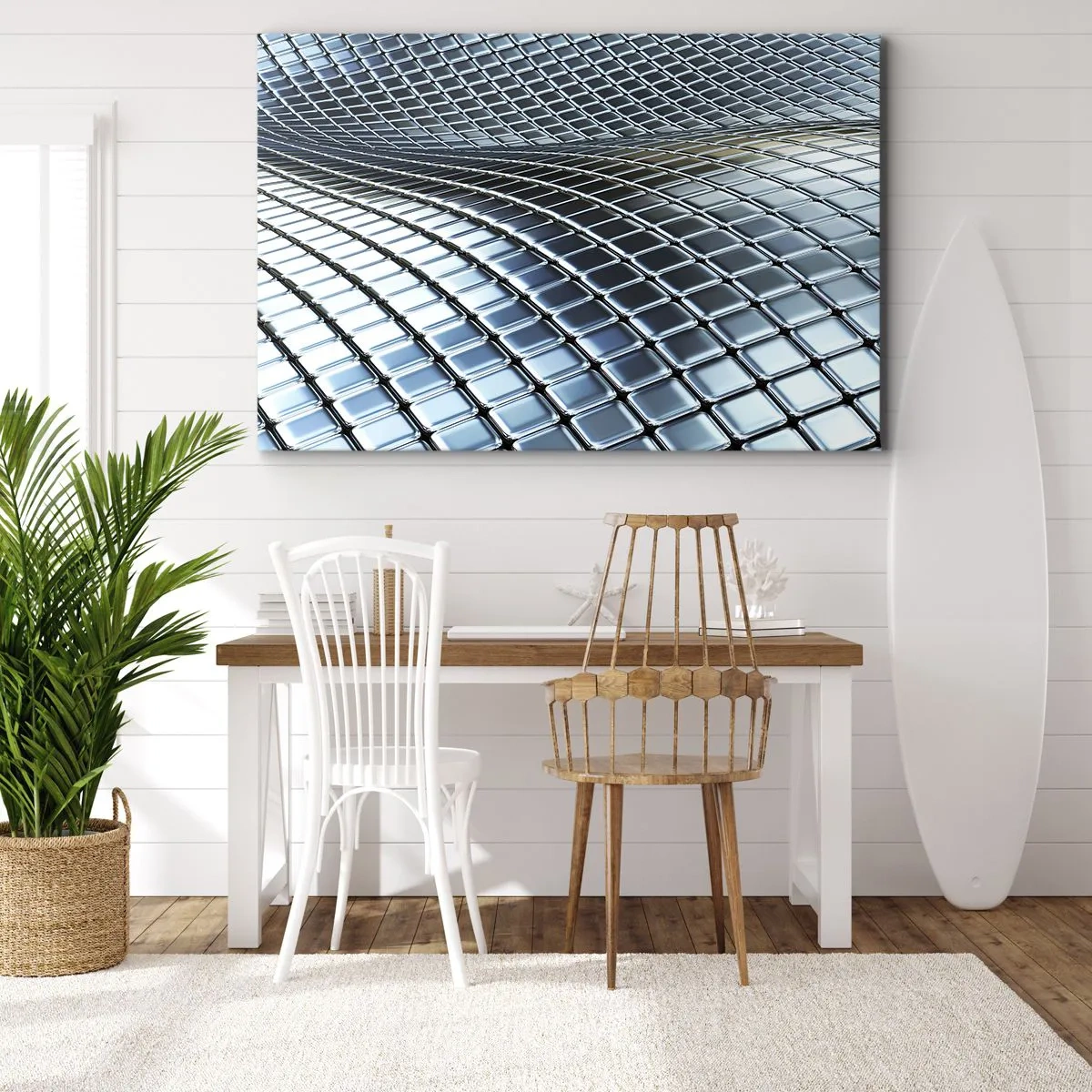 Bild auf Leinwand - Leinwandbild - Moderne Struktur aus metallischen Quadraten - 70x50cm - Metallische silberne Welle - Moderne Wanddekoration für Wohnzimmer und Schlafzimmer ARTTOR