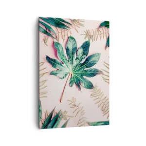 Bild auf Leinwand - Leinwandbild - Tropische Blätter auf hellem Pastellhintergrund - 50x70cm - Eine Studie von Grün auf einem rosa Hintergrund - Moderne Wanddekoration für Wohnzimmer und Schlafzimmer ARTTOR