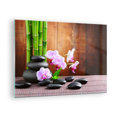 Glasbild - Bild auf glas - Rosa Orchideen, Bambus und schwarze Steine vor einer Holzwand - 70x50cm - Treffen Sie die Freuden des Ostens - Moderne Wanddekoration für Wohnzimmer und Schlafzimmer ARTTOR