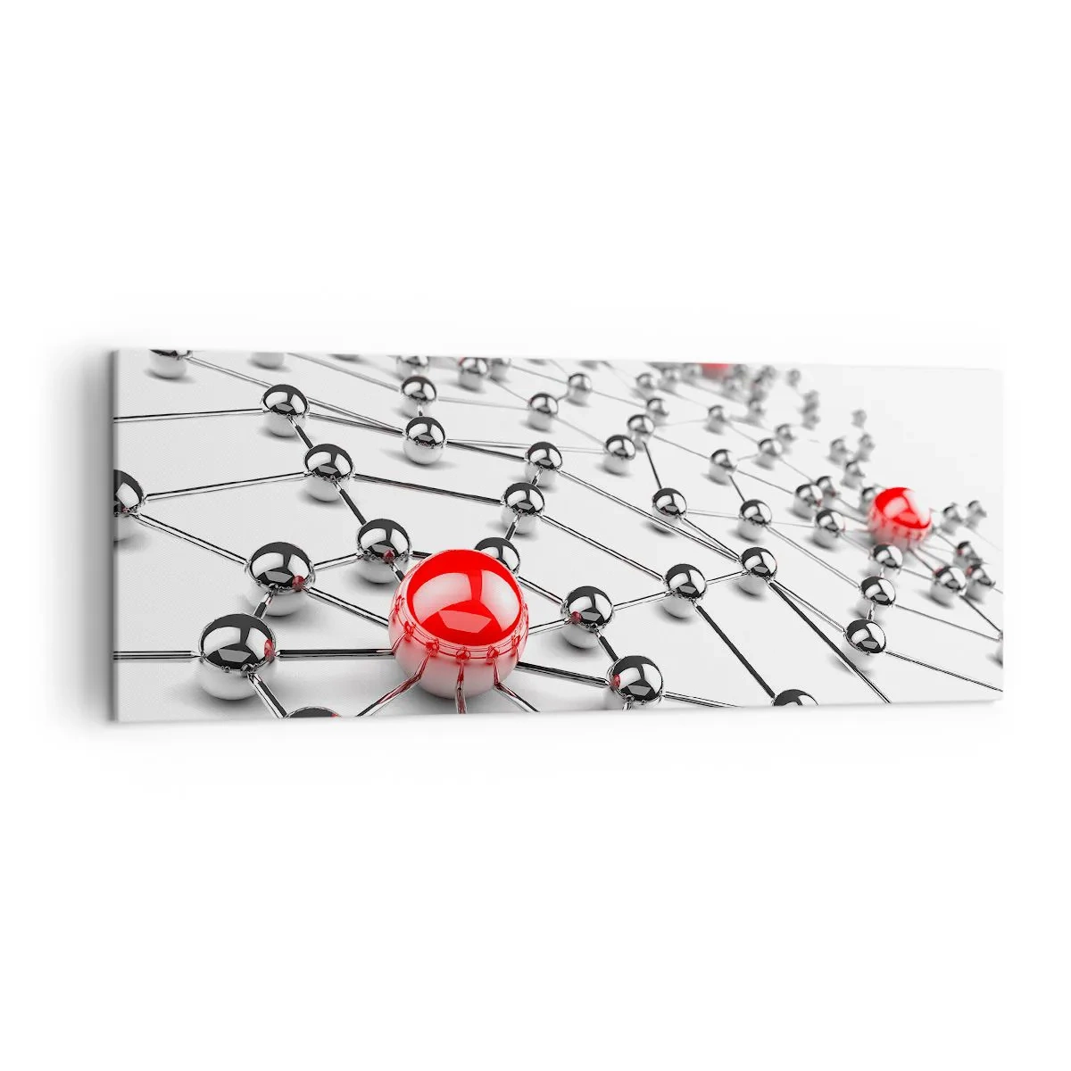 Bild auf Leinwand - Leinwandbild - Ein Netzwerk aus metallischen Kugeln mit roten Akzenten - 140x50cm - Silbriges Netz - Moderne Wanddekoration für Wohnzimmer und Schlafzimmer ARTTOR