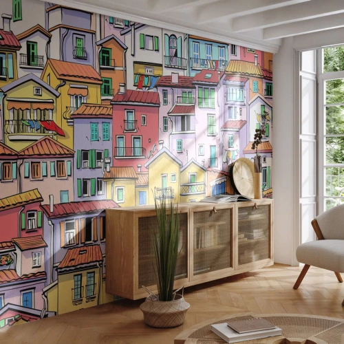 Fototapete Premium Sand - Bunte Mietshäuser im märchenhaften Cartoon-Stil - 100x70cm - Lustige Stadt - Moderne Wanddekoration für Wohnzimmer und Schlafzimmer ARTTOR