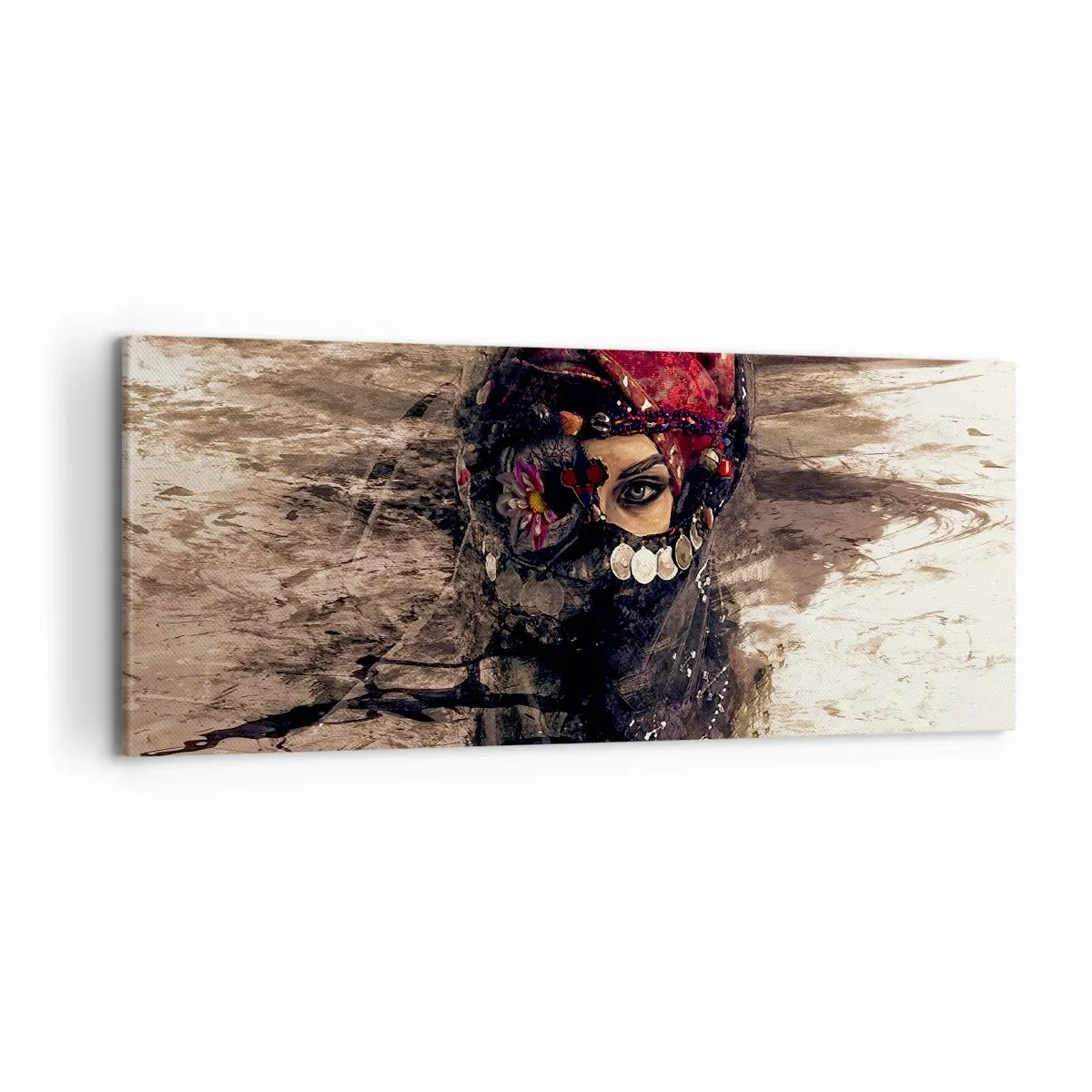Bild auf Leinwand - Leinwandbild - Künstlerisches Porträt einer Frau in orientalischer Kleidung vor abstraktem Hintergrund. - 120x50cm - Gelinde gesagt besorgniserregend - Moderne Wanddekoration für Wohnzimmer und Schlafzimmer ARTTOR