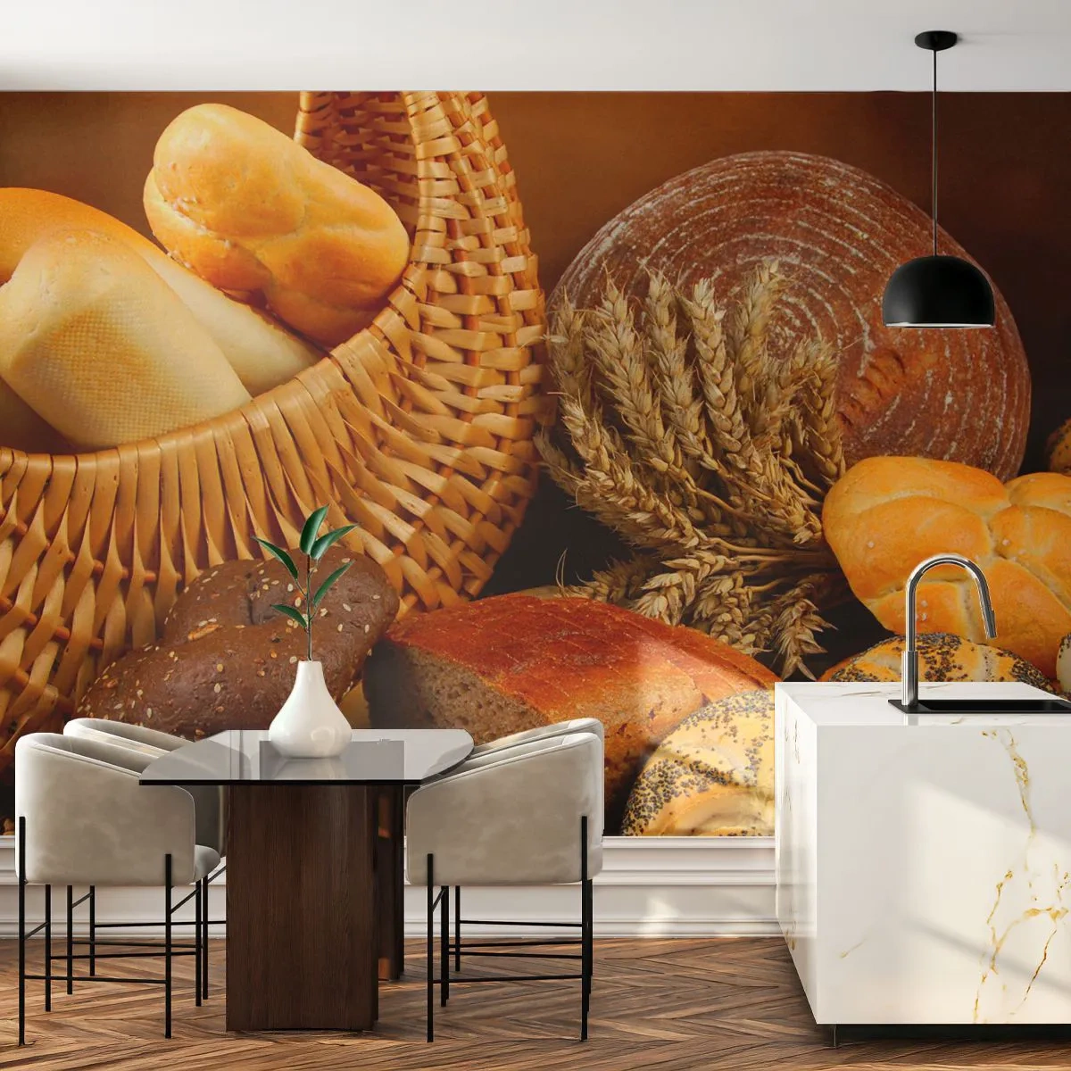 Fototapete Premium Canvas - Verschiedene Brotsorten in einem Weidenkorb auf goldenem Hintergrund - 100x70cm - Wir sind wieder davongekommen - Moderne Wanddekoration für Wohnzimmer und Schlafzimmer ARTTOR