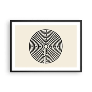 Poster in einem schwarzem Rahmen - Schwarz-weißes kreisförmiges Labyrinth auf hellem Hintergrund - 70x50cm - Geheimnisvolle Ordnung - Moderne Wanddekoration für Wohnzimmer und Schlafzimmer ARTTOR