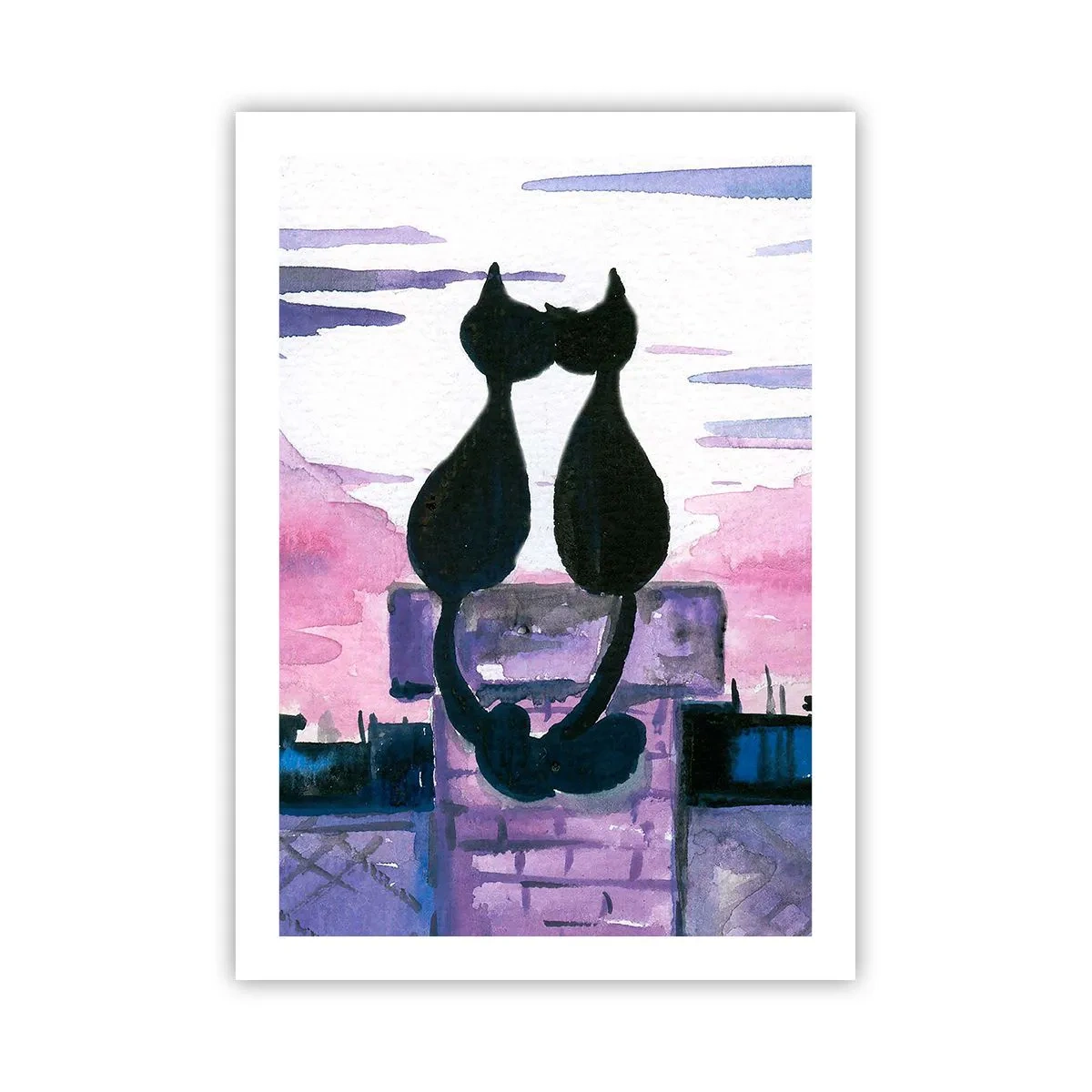 Poster - Zwei schwarze Katzen vor einem rosa-violetten Himmel - 50x70cm - Rendez-vous unter dem Mond - Moderne Wanddekoration für Wohnzimmer und Schlafzimmer ARTTOR