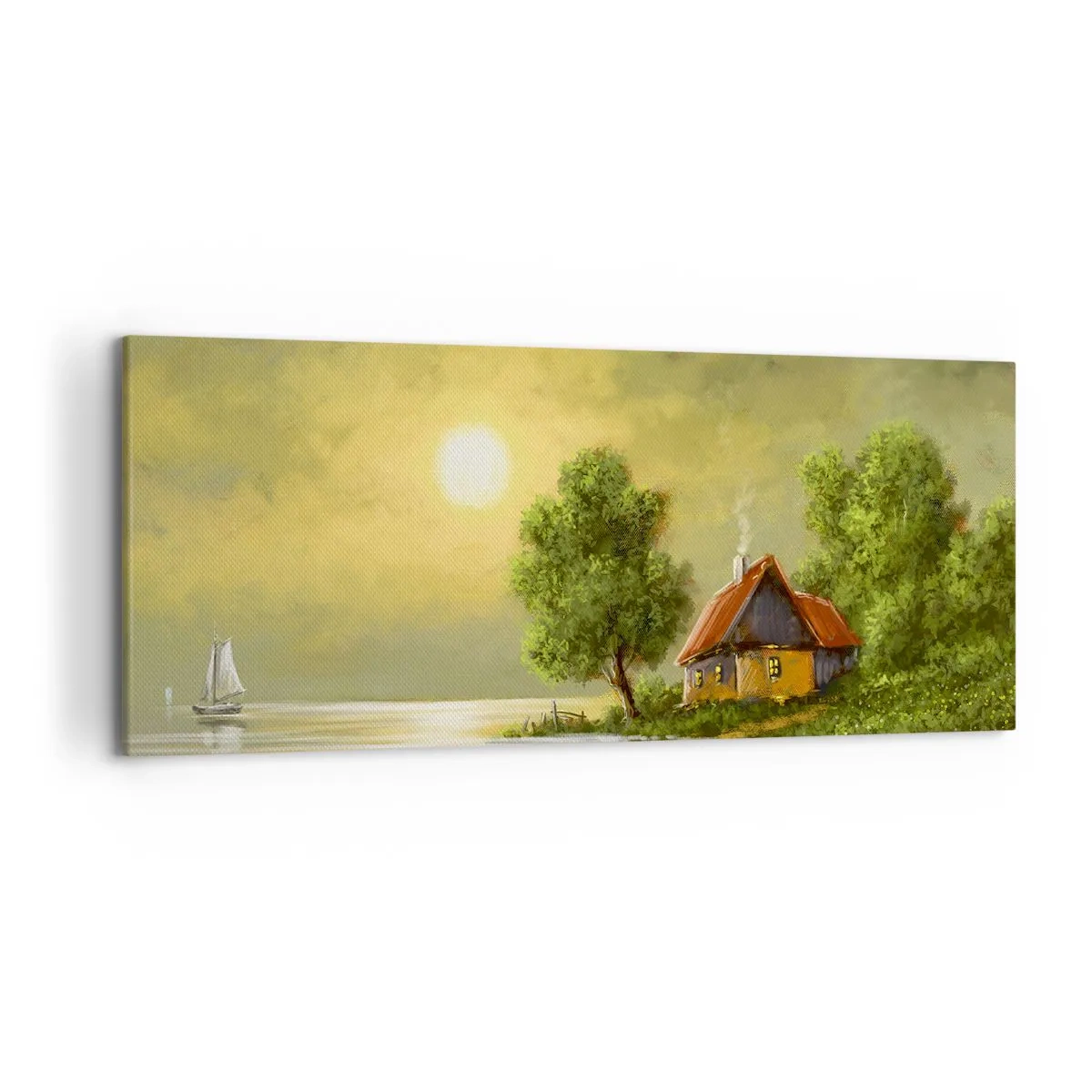 Bild auf Leinwand - Leinwandbild - Seehaus im Abendlicht - 120x50cm - Schön, wie ein Bild - Moderne Wanddekoration für Wohnzimmer und Schlafzimmer ARTTOR
