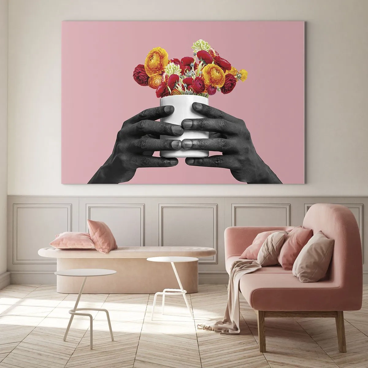 Glasbild - Bild auf glas - Schwarz-weiße Hände halten einen bunten Blumenstrauß - 70x50cm - Die Apotheose des Lebens - Moderne Wanddekoration für Wohnzimmer und Schlafzimmer ARTTOR