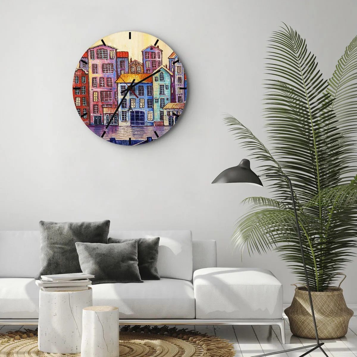 Wanduhr - Glasuhr - Bunte Mietshäuser im impressionistischen Stil spiegeln sich im Wasser - 30x30cm - Stadt wie aus einem Märchen - Moderne Wanddekoration für Wohnzimmer, Küche und Schlafzimmer ARTTOR