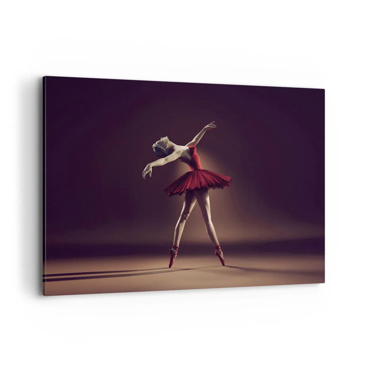 Bild auf Leinwand - Leinwandbild - Eine Balletttänzerin in einem roten Kleid vor dem Hintergrund einer Bühne - 120x80cm - Eine Primaballerina - Moderne Wanddekoration für Wohnzimmer und Schlafzimmer ARTTOR