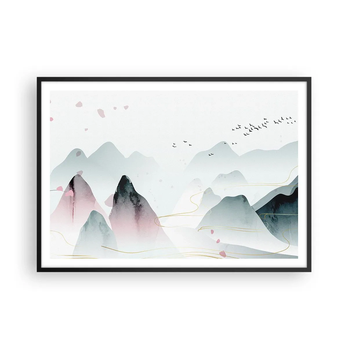 Poster in einem schwarzem Rahmen - Abstrakte Berge in Pastelltönen - 100x70cm - Über die Gipfel - Moderne Wanddekoration für Wohnzimmer und Schlafzimmer ARTTOR