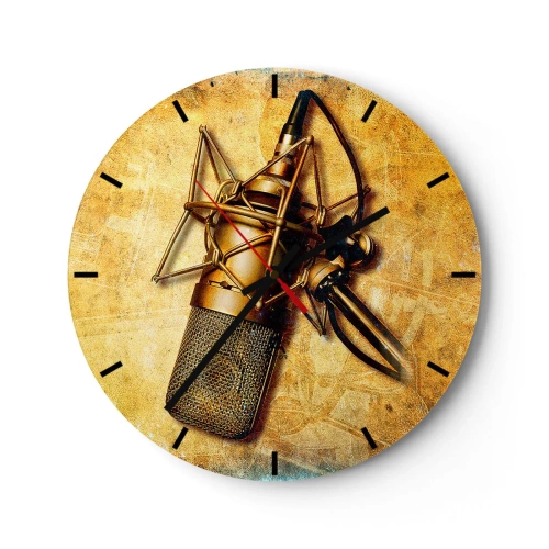 Wanduhr - Glasuhr - Ein Studiomikrofon-Motiv auf goldfarbenem Hintergrund - 30x30cm - Die goldenen Jahre des Radios - Moderne Wanddekoration für Wohnzimmer, Küche und Schlafzimmer ARTTOR