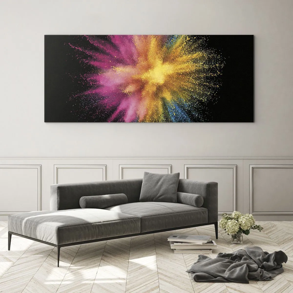 Glasbild - Bild auf glas - Bunte Pulverexplosion auf schwarzem Hintergrund - 120x50cm - Die Geburt der Farben - Moderne Wanddekoration für Wohnzimmer und Schlafzimmer ARTTOR