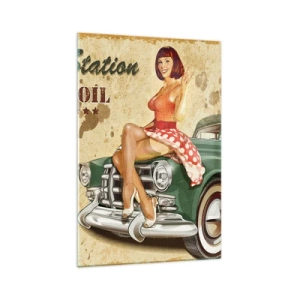 Glasbild - Bild auf glas - Retro-Route 66-Poster mit Pin-up-Girl und Auto - 70x100cm - Die großen Jahre der 40er. - Moderne Wanddekoration für Wohnzimmer und Schlafzimmer ARTTOR