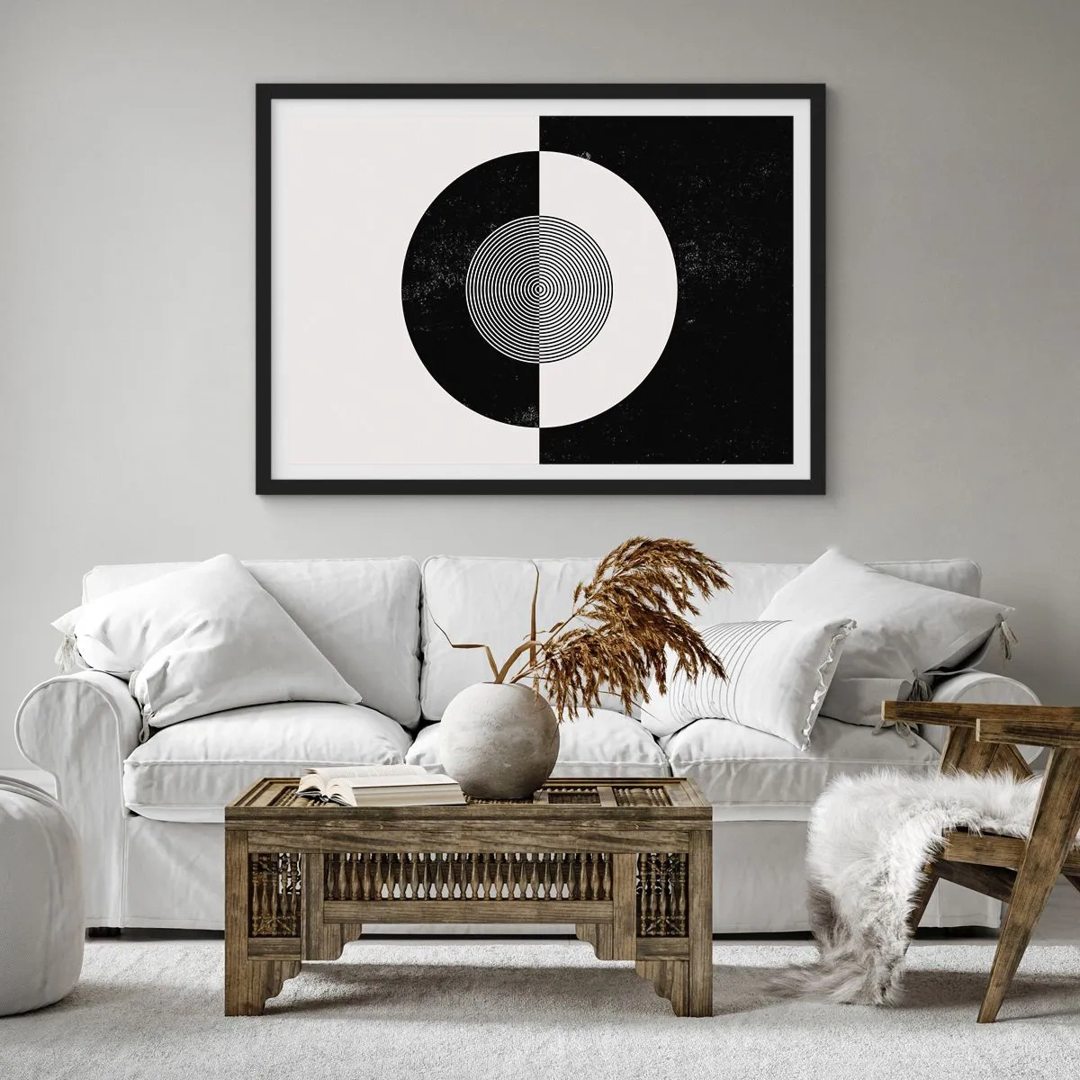 Poster in einem schwarzem Rahmen - Grafisches Muster in kontrastierendem Schwarz und Weiß - 70x50cm - Harmonie in Schwarz und Weiß - Moderne Wanddekoration für Wohnzimmer und Schlafzimmer ARTTOR