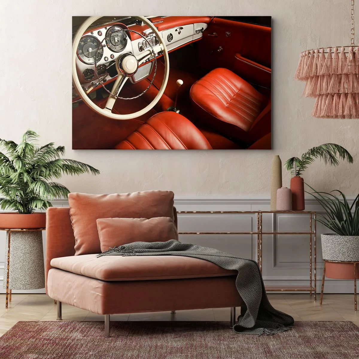 Bild auf Leinwand - Leinwandbild - Oldtimer-Innenraum mit roten Ledersitzen - 120x80cm - Luxus im Vintagestil - Moderne Wanddekoration für Wohnzimmer und Schlafzimmer ARTTOR