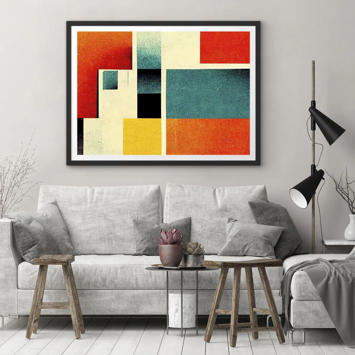 Poster in einem schwarzem Rahmen - Geometrische Abstraktion mit farbigen Rechtecken und Quadraten - 70x50cm - Geometrische Abstraktion – gute Energie - Moderne Wanddekoration für Wohnzimmer und Schlafzimmer ARTTOR