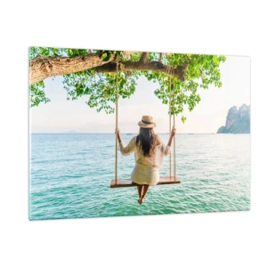 Glasbild - Bild auf glas - Frau auf einer Schaukel am Meer in tropischer Umgebung - 120x80cm - Das Leben ist wunderschön - Moderne Wanddekoration für Wohnzimmer und Schlafzimmer ARTTOR