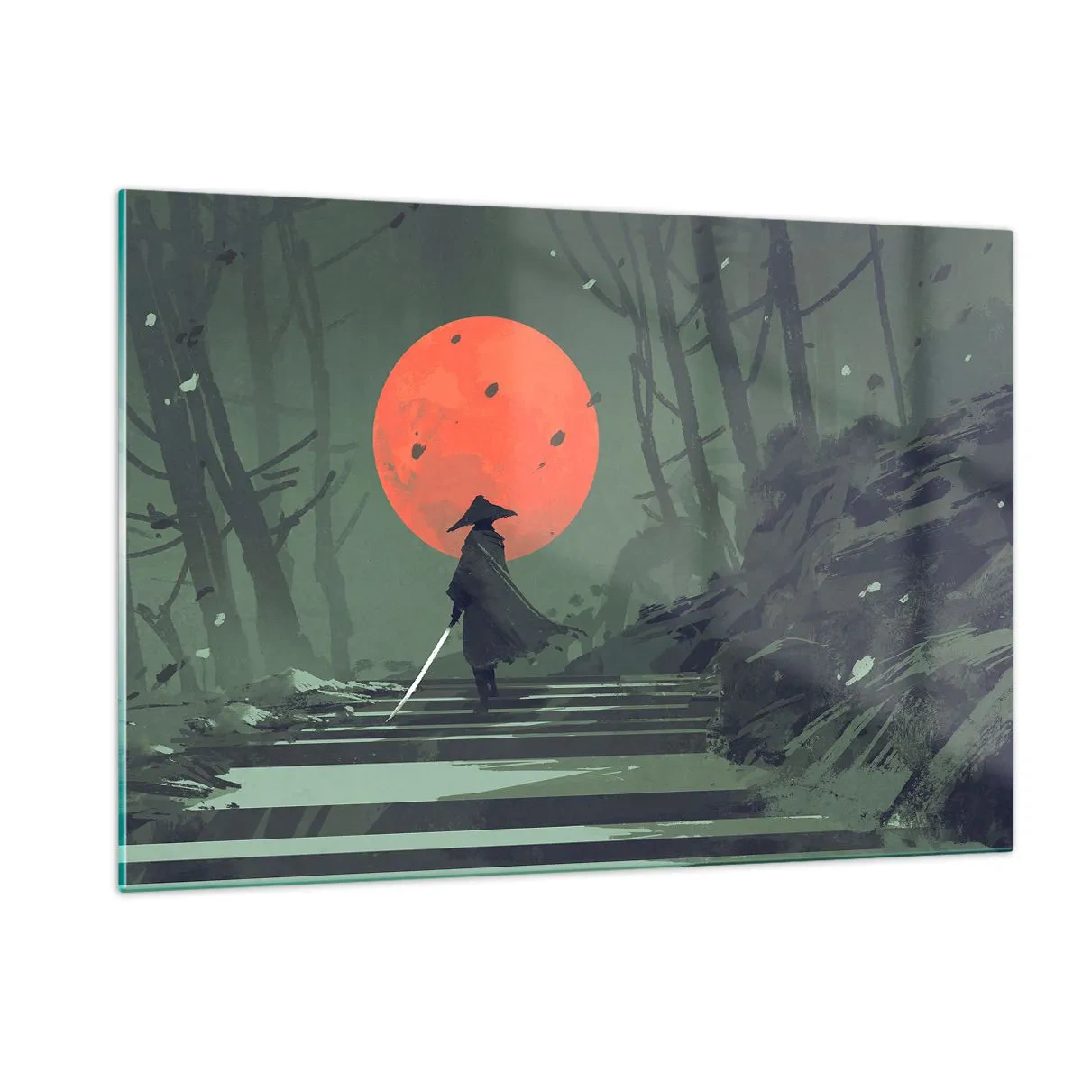 Glasbild - Bild auf glas - Ein einsamer Krieger mit einem Schwert im Wald vor dem Hintergrund eines roten Mondes. - 120x80cm - Krieger des Roten Mondes - Moderne Wanddekoration für Wohnzimmer und Schlafzimmer ARTTOR