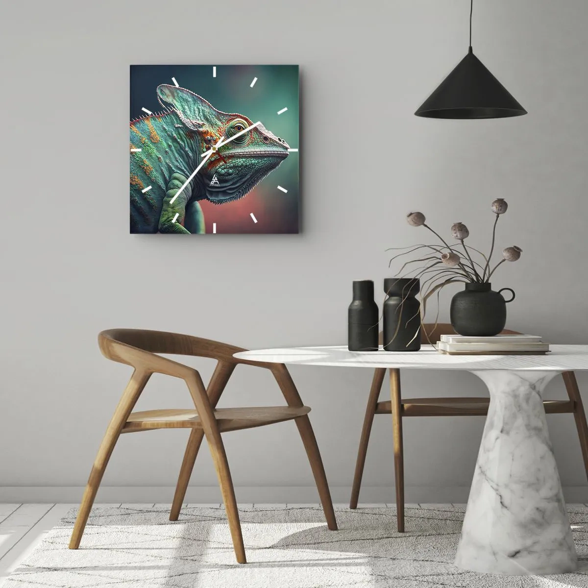 Wanduhr - Glasuhr - Nahaufnahme eines Chamäleons in intensiven Farben - 30x30cm - Siehst du mich? Nicht gut… - Moderne Wanddekoration für Wohnzimmer und Schlafzimmer ARTTOR