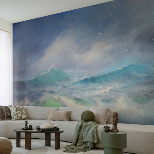 Fototapete Premium Sand - Der wind heulte mit Triumph - Sturm, Hohe Welle, Vögel - 400x280 cm