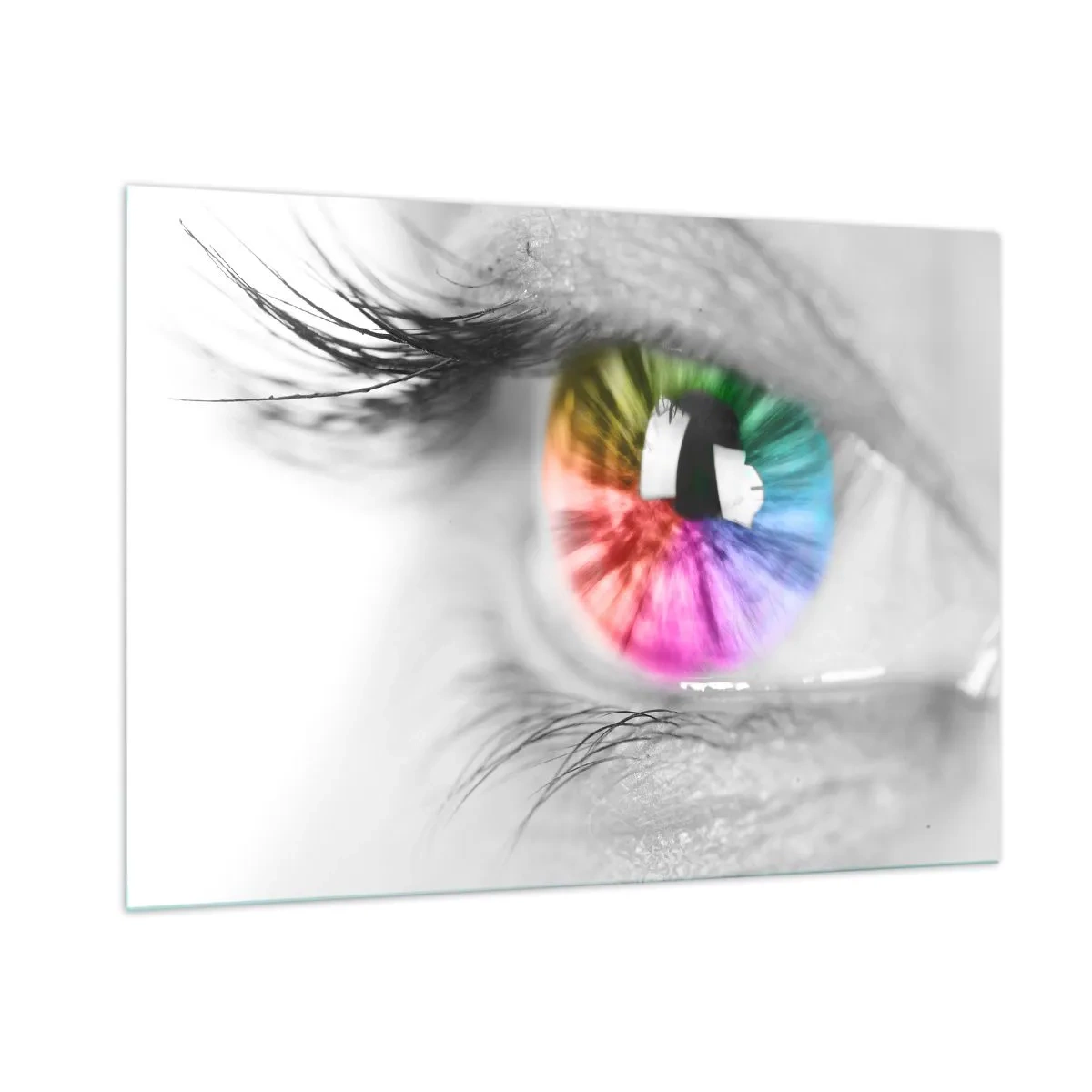 Glasbild - Bild auf glas - Bunte Iris auf einem schwarz-weißen Hintergrund - 100x70cm - Schau dir die Welt in Farbe an - Moderne Wanddekoration für Wohnzimmer und Schlafzimmer ARTTOR