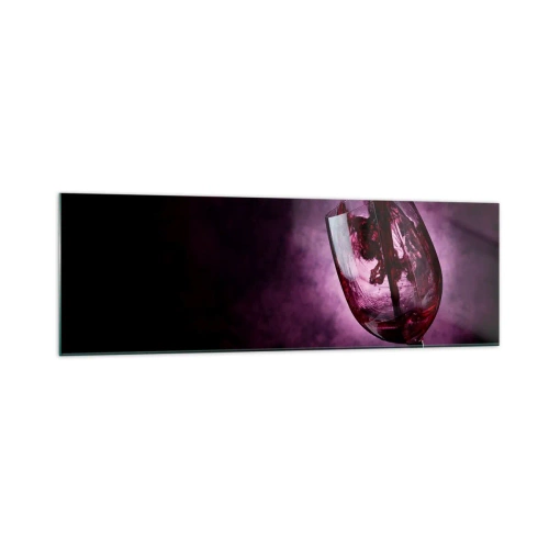 Glasbild - Bild auf glas - Rotwein wird vor violettem Rauch in ein Glas gegossen - 160x50cm - Scharlachrot? Karminrot? Nein, Rubin. - Moderne Wanddekoration für Wohnzimmer und Schlafzimmer ARTTOR