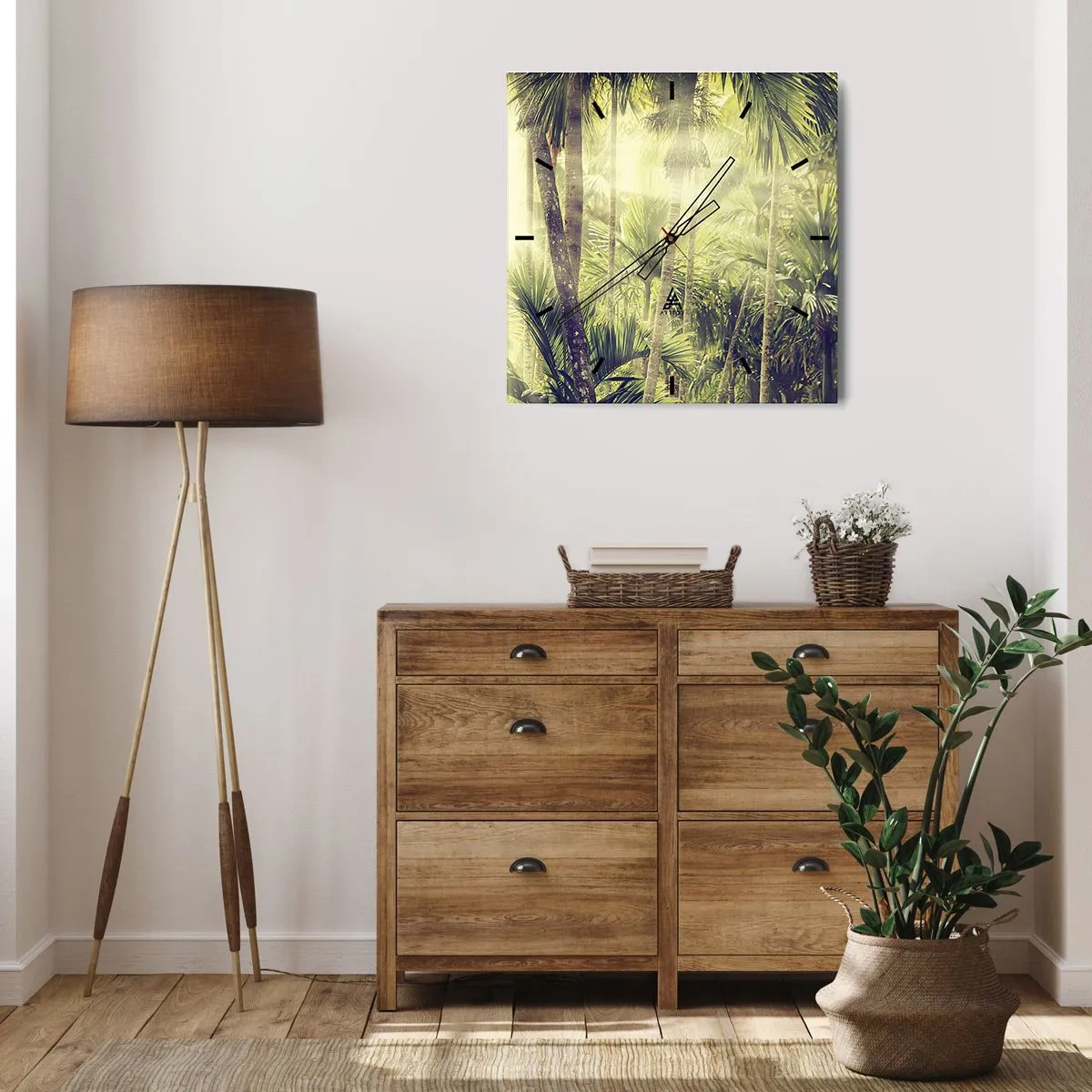 Wanduhr - Glasuhr - Sonnenstrahlen in einem tropischen Palmenwald - 30x30cm - In grüner Hitze - Moderne Wanddekoration für Wohnzimmer und Schlafzimmer ARTTOR