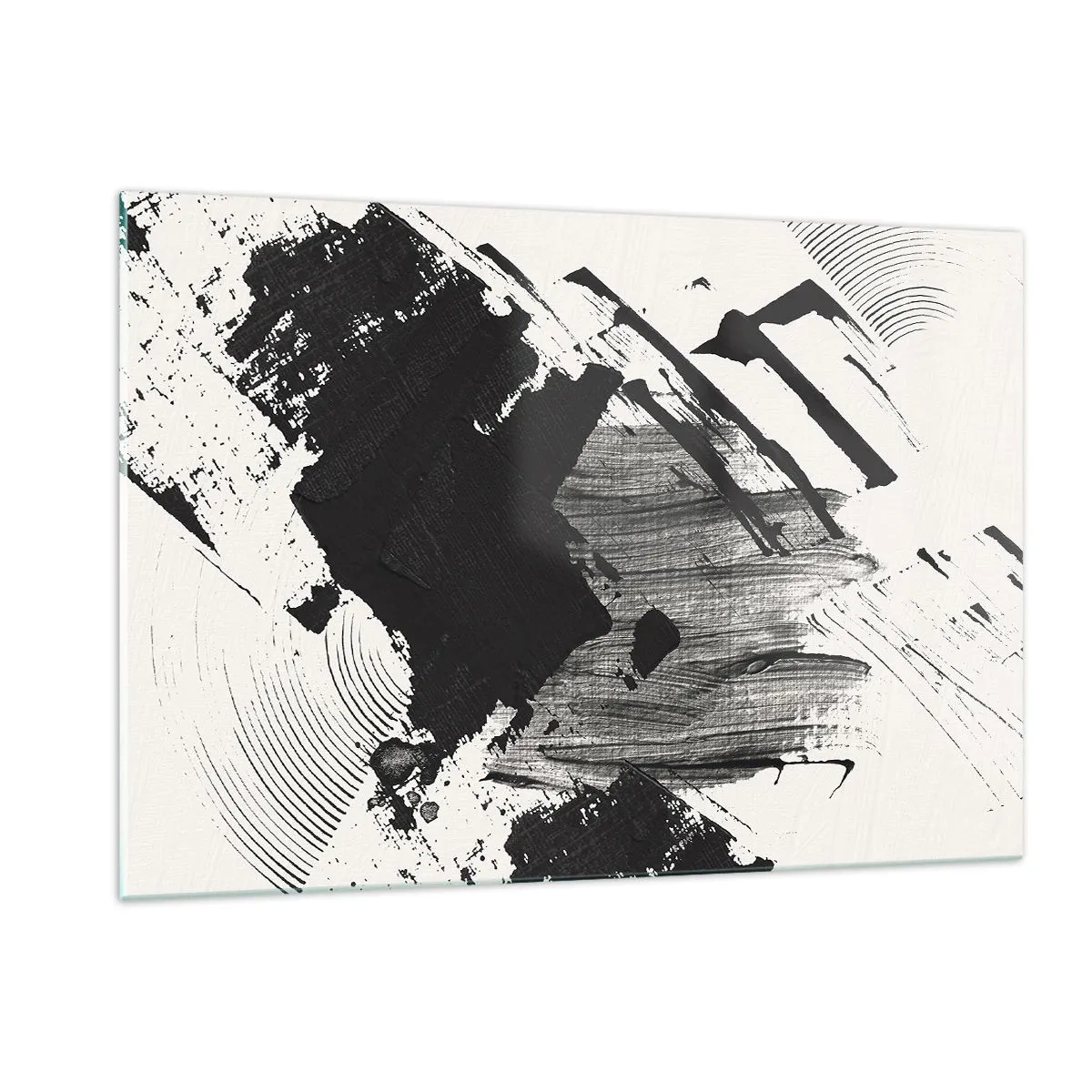 Glasbild - Bild auf glas - Ausdrucksstarke Abstraktion in Schwarzweiß mit dynamischen Strichen. - 120x80cm - Abstraktion – Ausdruck von Schwarz - Moderne Wanddekoration für Wohnzimmer und Schlafzimmer ARTTOR