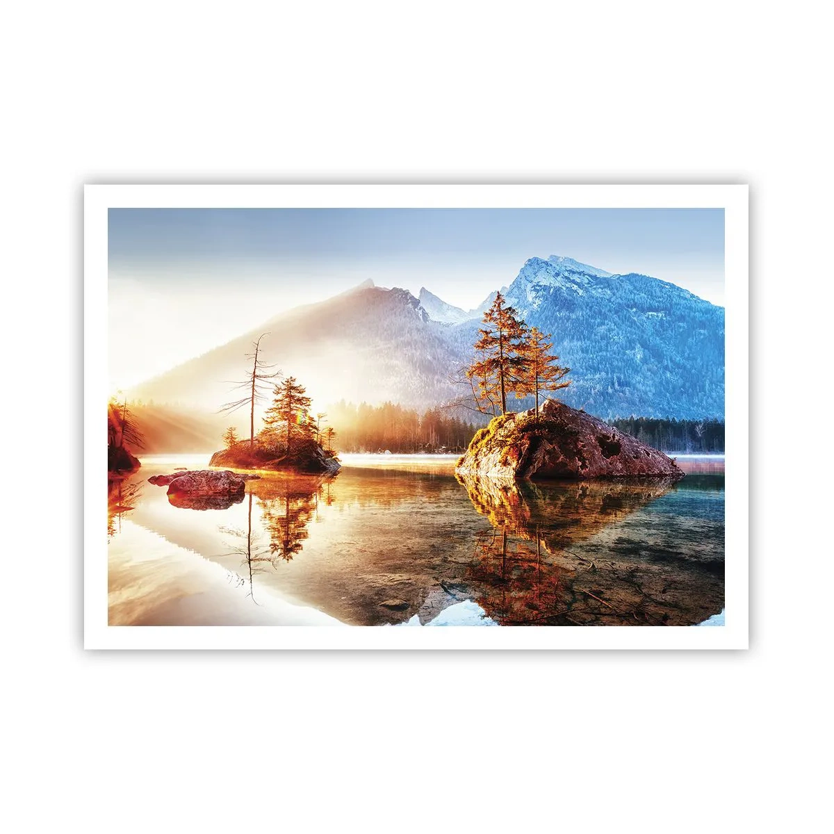 Poster - Ein See mit Inseln und Bergen im Hintergrund bei Sonnenaufgang - 100x70cm - Natur in neuem Licht - Moderne Wanddekoration für Wohnzimmer und Schlafzimmer ARTTOR