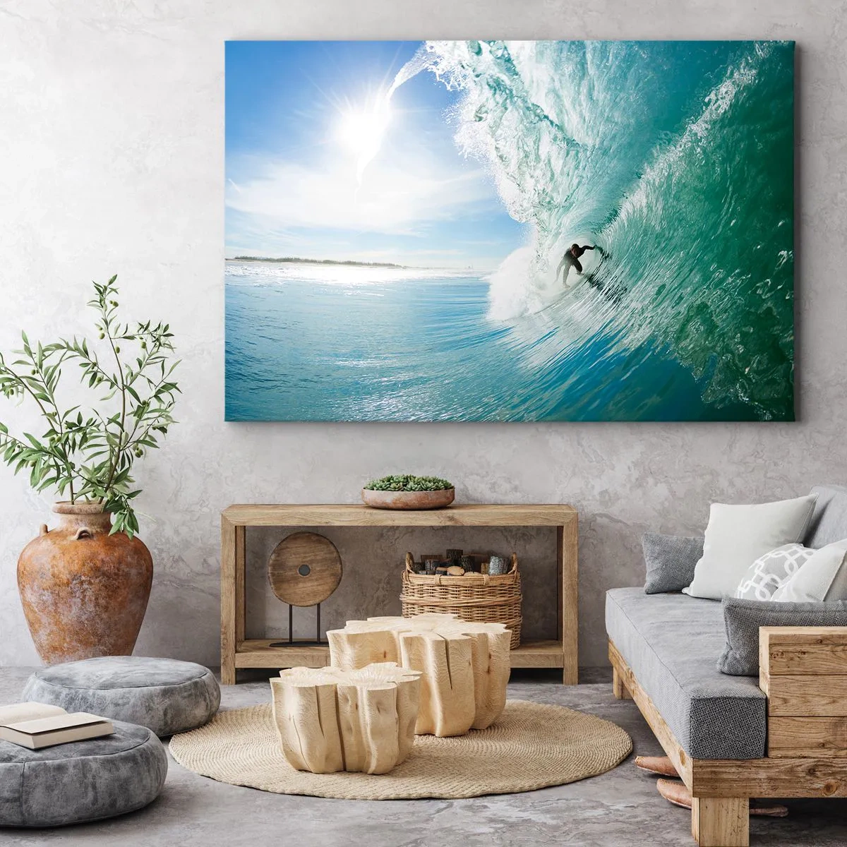 Bild auf Leinwand - Leinwandbild - Ein Surfer reitet eine Welle im Sonnenlicht vor blauem Himmel - 70x50cm - Immer Top - Moderne Wanddekoration für Wohnzimmer und Schlafzimmer ARTTOR