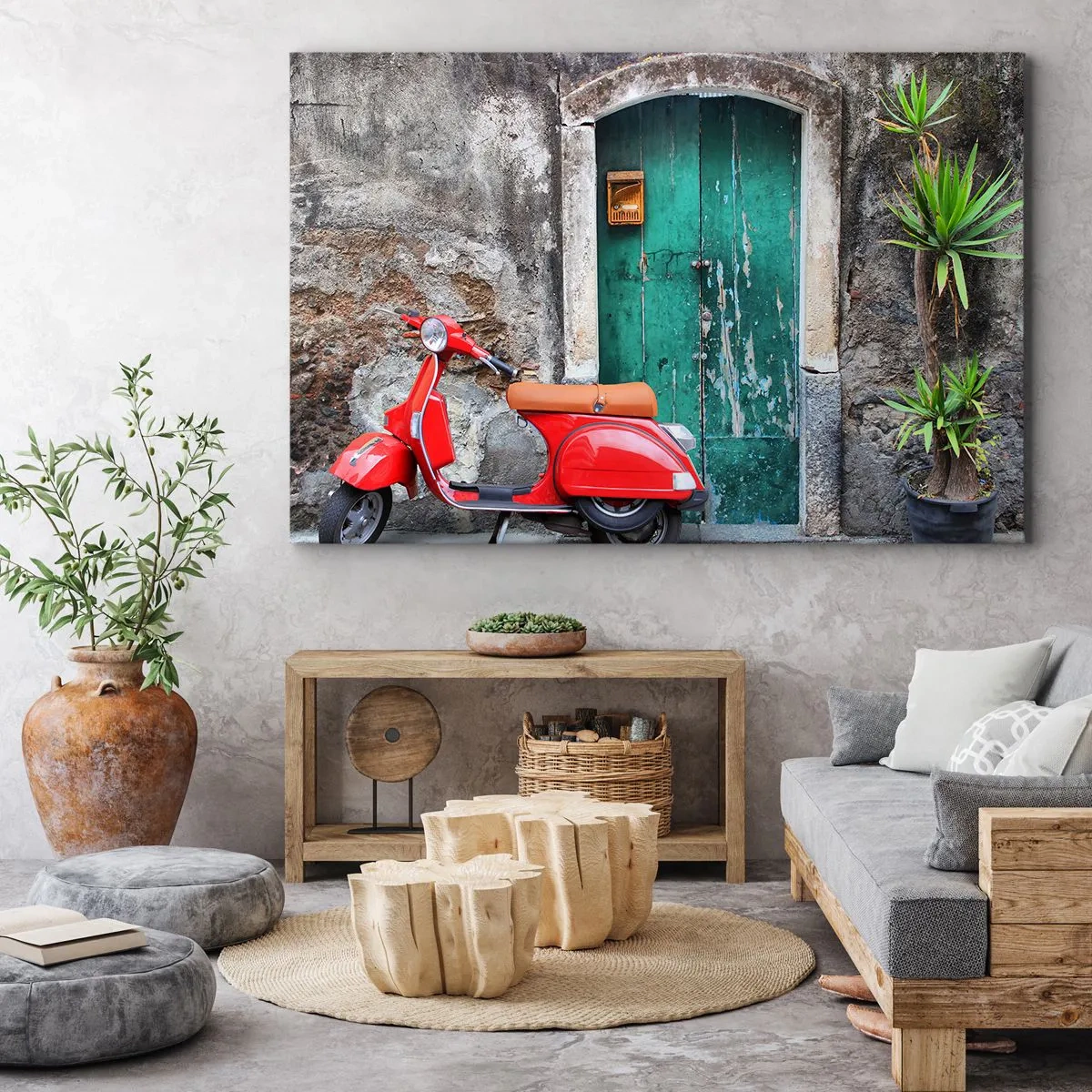 Bild auf Leinwand - Leinwandbild - Roter Roller an der grünen Tür - 70x50cm - Italienischer Urlaub - Moderne Wanddekoration für Wohnzimmer und Schlafzimmer ARTTOR